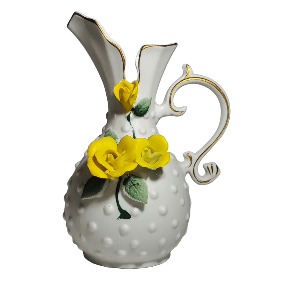 Vintage Lefton China, Japan Porcelain Pitcher Vase with Yellow Rose Flowers EVC